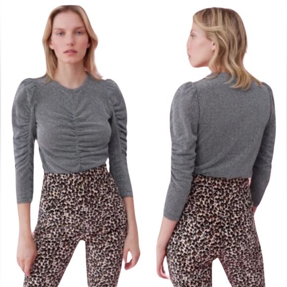 NWOT Rebecca Taylor Lurex Metallic Silver. Ruched 3/4 Puff Sleeve Blouse. Medium - Picture 1 of 7
